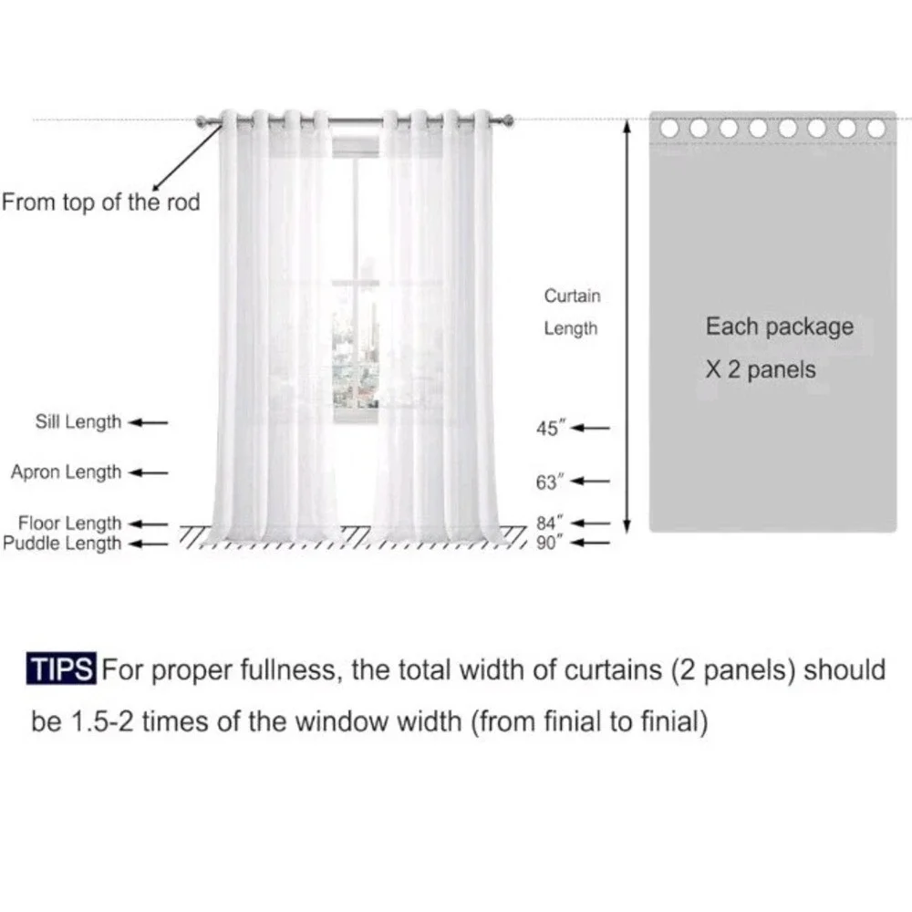 Semi Sheer Curtain Drapes, Set of 2 Panels, 55x90 Inch, With Chrome Grommets - Picture 3 of 4